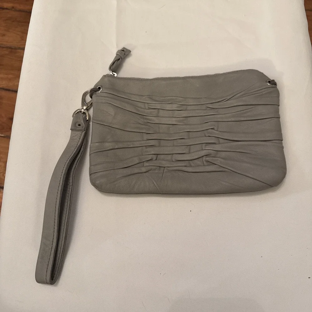 Byloom and Hyde Light Gray Pleated‎ Clutch Leather Bag With Wrist Strap